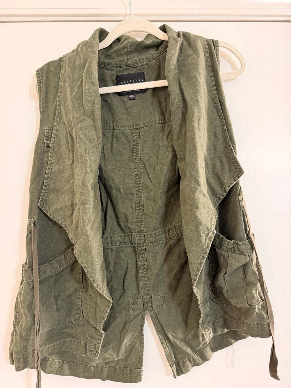 Sanctuary Olive Green Drape Neck Utility Vest with Cinched Waist